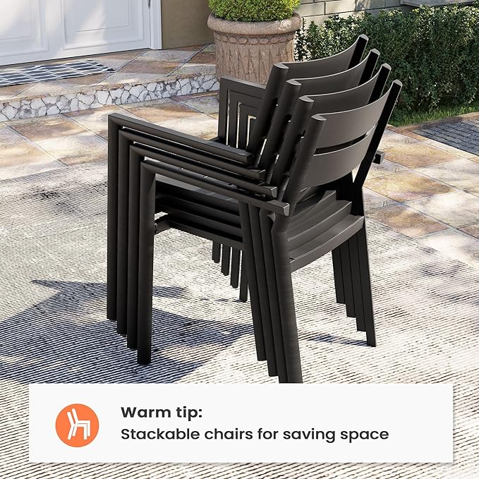 Pellebant Aluminum Stackable Patio Dining Chairs Set of 4, Black Outdoor Dining Chair with Armrest, All Weather for Patio, Lawn, Garden