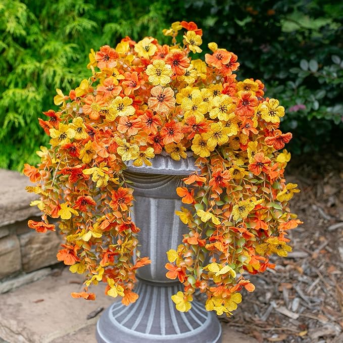 HyeFlora Artificial Flowers for Fall Outdoors Decoration, 2Pcs Fake Fall Light Orange & Yellow Hanging Flowers, Faux Autumn Decor for Porch Patio Balcony Planter, Realistic Arrangement