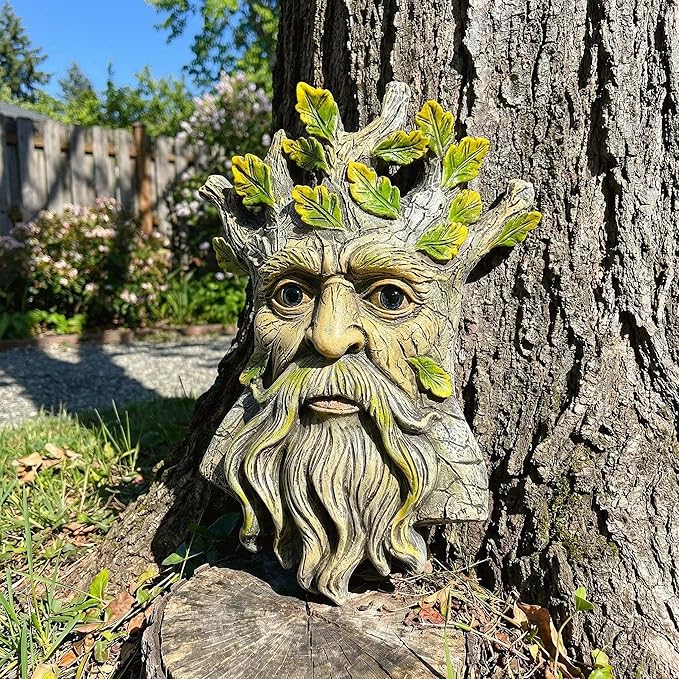 9.8" Whimsical Tree Face Sculpture, Garden Peeker Statue, Outdoor Trunk Tree Huggers Art, Landscape Accent Ornament, Hanging Fairy Elve Figurine for Yard Art, Trees Decor Wall Mounted Statues