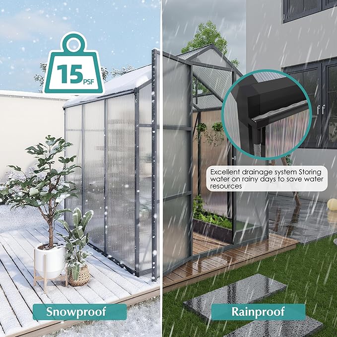 6x6 FT Greenhouse,Outdoor Greenhouse W/ Roof Vent,Walk-in Aluminum Polycarbonate Green House W/ Drainage System & Ground Nails,Green Houses for Outside Garden,Backyard,Patio,Lawn,Black