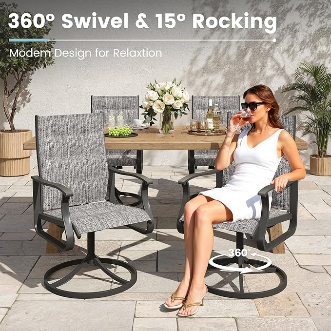 Patio Swivel Chairs Set of 4, Outdoor Dining Chairs with High Back, 360° Swivel Rocker Chair in All-Weather Padded Textilene & Metal Frame for Garden, Porch, Backyard, Balcony(Padded Grey)