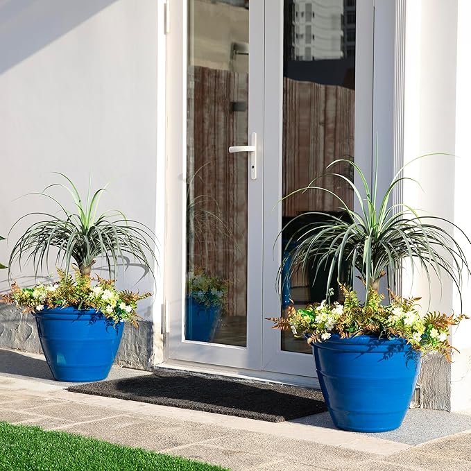 Glitzhome 19.5" D Large Flower Pots, Cobalt Blue Faux Ceramic Finish Plastic Tall Planters, Tall Planters for Outdoor Plants with Drainage Holes, Round Plant Pots for Front Porch Patio Deck, Set of 2