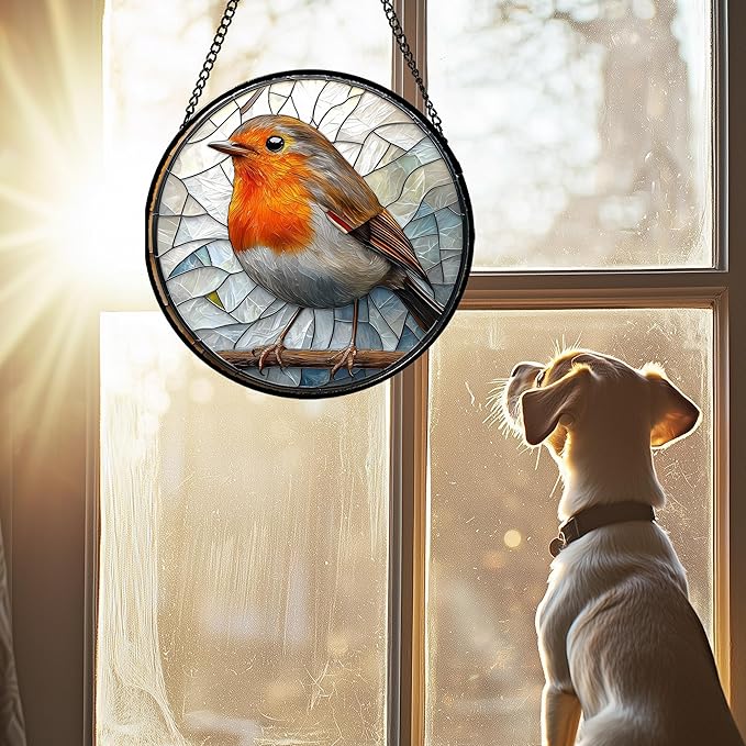 AMDERVEN Stained Glass Window Hanging - Orange Grey Robin Sun Catcher for Door Garden Home Decor Bird Lovers Suncatcher Christmas Mother's Day Birthday Gifts for Women Men Mom Nana 11.8 in