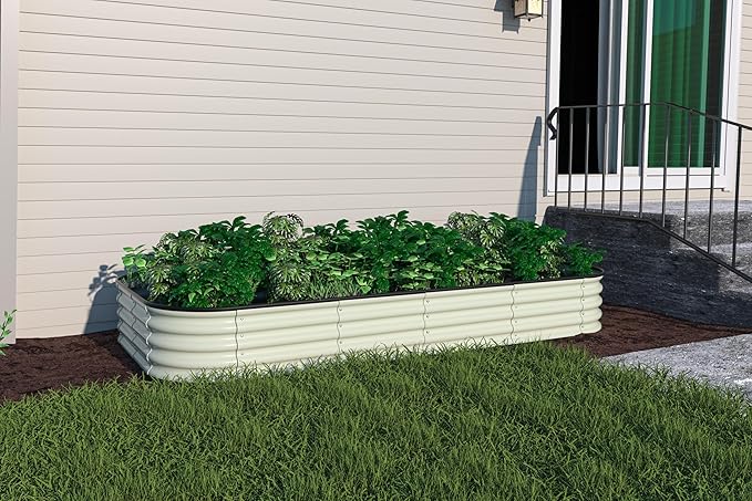 BlueWish 8x4x1FT Metal Raised Garden Bed with Aluminum Support Rods, 11.2’’H Planter Box with Rubber Edges, Many-in-1 Modular Galvanized Raised Garden Bed for Vegetable, Flower, Fruit, Beige