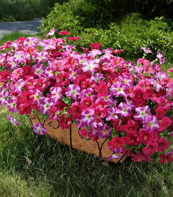 Artificial Flowers for Outdoors Fake Plants Outside Decoration, 20 Bundles Silk Petunia with Eucalyptus UV Resistant Realistic Faux Flowers for Outdoor Planters Garden Balcony Yard Porch Patio, Mix