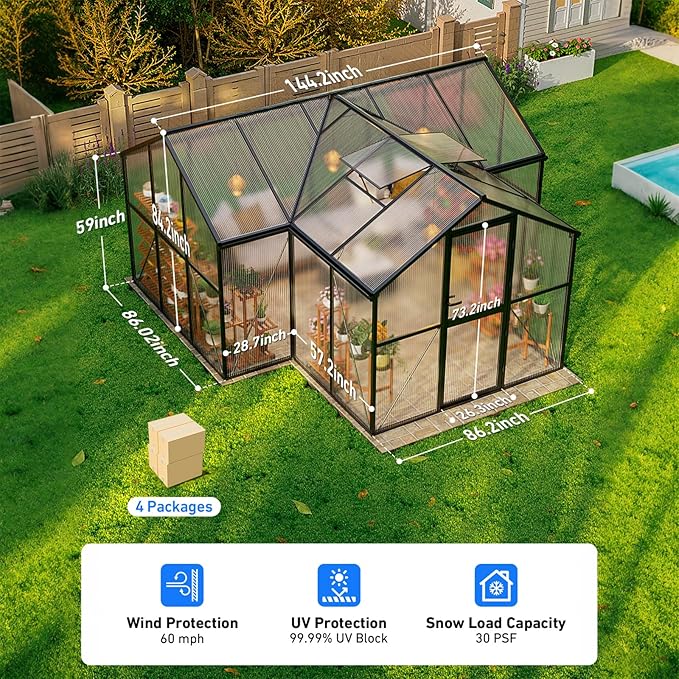 12X12FT Green Houses for Outside, Large Greenhouse for Outdoors and Garden Planting, Walk in Greenhouse Kit with Electronic Thermometers, Withstands Strong Wind or Snow to Protect Vegetables or Plants