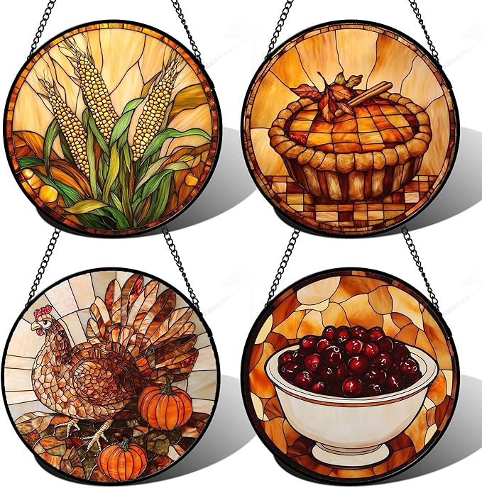AMDERVEN Stained Glass Window Hanging 4 Pcs Set Brown Turkey Berry Corn 7.8" - Suncatcher Door Garden Sun Catcher Decor Birthday Thanksgiving Mother's Day for Mom Woman Nana Men