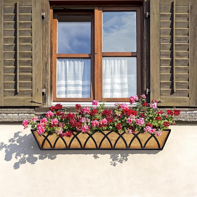 HFHOME 4 Pcs 30" Window Box Deck Railing Planter with Horse Trough Coco Liners, Black Metal Hanging Flower Planters Baskets for Indoor, Outdoor, Balcony, Porch, Fence, Patio, and Lawn