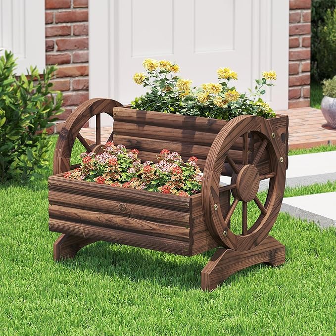 Wooden Wagon Planter Wooden Flower Cart with Wheels Outdoor Garden Planter, Decor Planter for Patio Balcony Decoration Succulent Flower Pot Flower Cart for Indoor Backyard Balcon (Carbonized)