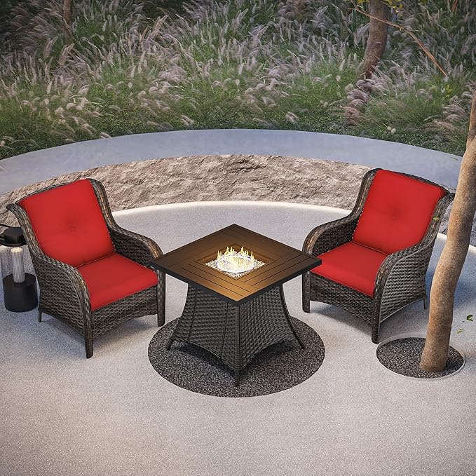 Joyside 3 Piece Wicker Patio Furniture Set with Fire Pit Table, Rattan Patio Chairs with High Back, Deep Seating, Wide Armrest, Thickened Cushions, Outdoor Furniture for Deck, Porch Use