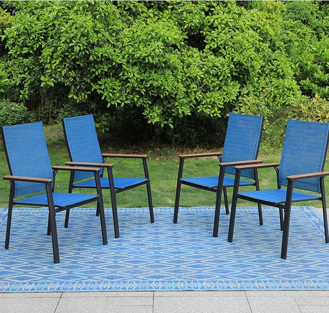 PHI VILLA Outdoor Stackable Chairs, Patio Chairs Set of 2, Light Weight Aluminum Frame with Textilene Fabric & Wood Armrest, High Back Deck Chairs for Poolside Lawn Garden, Blue