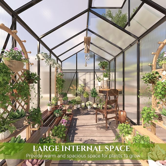 7.2FT High 6.1*8.1FT Greenhouse for Outdoors, Polycarbonate Greenhouse with Stronger Wind Protection and Roof Vent,Walk-in Large Aluminum Sunroom Winter Proof,Black