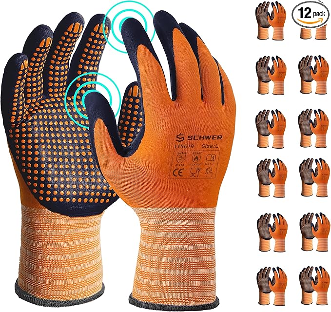 Schwer 12 Pairs LT5619 Work Gloves Micro-Foam Nitrile Coated, Level 4 Abrasion Resistant Nylon Working Gloves with Micro Dot Grip for Men Women, Touchscreen, for Automotive Electronic Assembly, Large