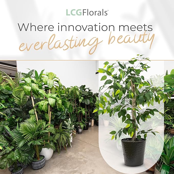 LCG Florals 4ft Ficus Tree in Black Metal Pot with Real-Wood Trunk - Indoor and Outdoor Faux Plants for Patio, Living Rooms, Offices & Outdoor Spaces