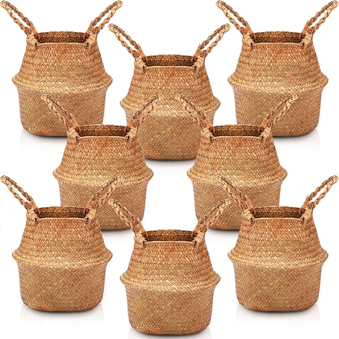 Qunclay 8 Pcs Woven Seagrass Baskets Belly Basket Folding Boho Natural Plant Pot with Handles Round Decorative Wicker Large Indoor Planter for Home Outdoor Tree Planters Decor (S,8.7''dx7.9''h)