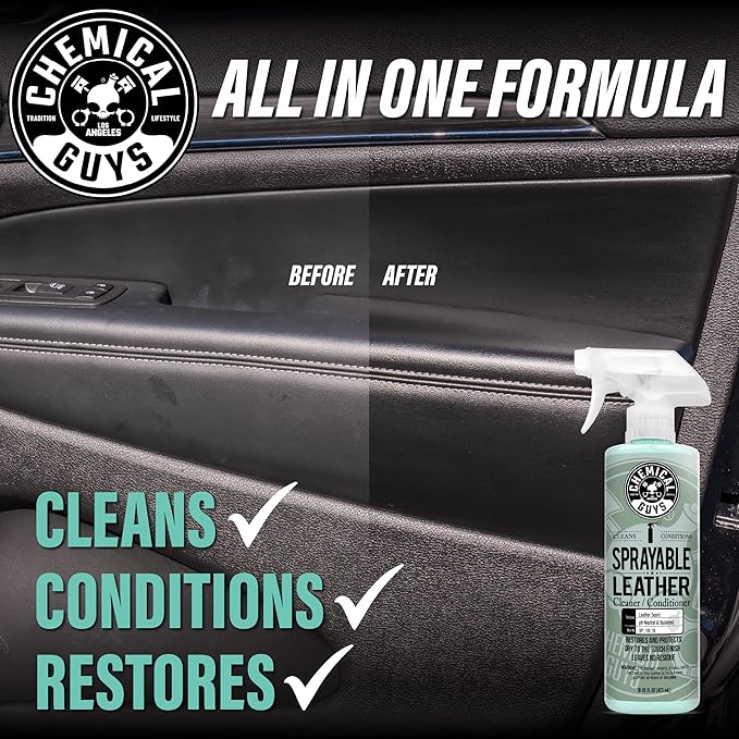 Chemical Guys SPI_103 Sprayable Leather Cleaner and Conditioner in One for Interiors, Apparel, and More (Works on Natural, Synthetic, Pleather, Faux Leather and More) Leather Scent, 128 fl oz (1 Gal)