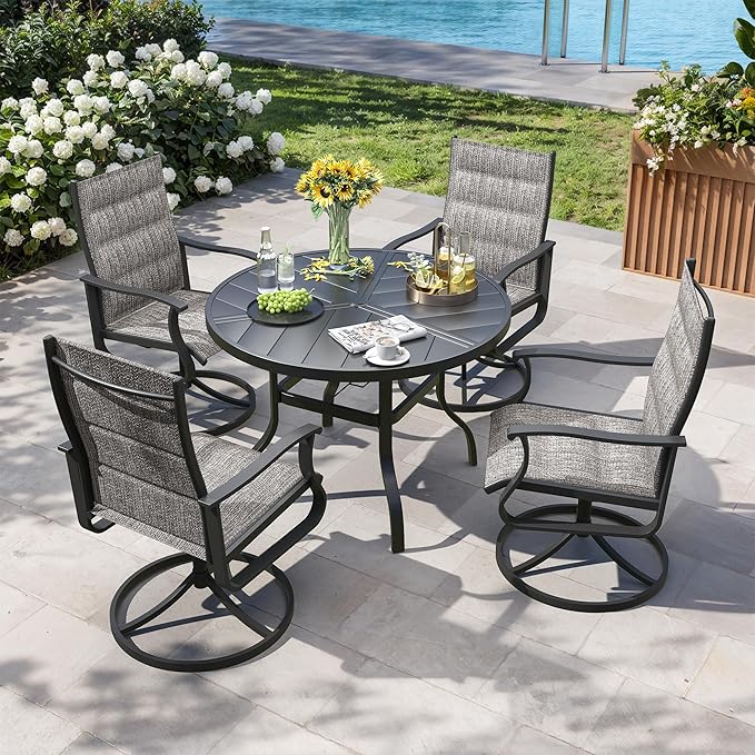 Patio Swivel Chairs Set of 4, Outdoor Dining Chairs with High Back, 360° Swivel Rocker Chair in All-Weather Padded Textilene & Metal Frame for Garden, Porch, Backyard, Balcony(Padded Grey)