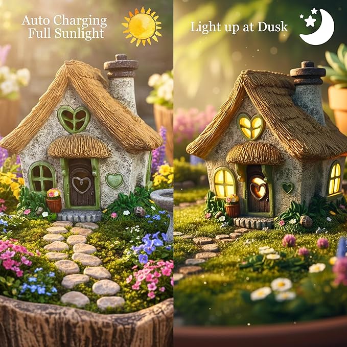 PRETMANNS Fairy House for Outside with Solar Powered LED Lights for Garden - Fairy Garden Houses for Outdoor - Miniature Accessories for Cottage Decor for Village - 7.56” High, Green