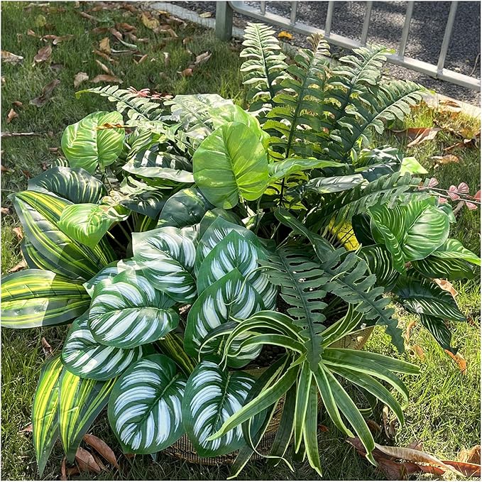 Large Realistic Faux Outdoor Plants, Artificial Greenery Set with Silk Leaves for Patio, Porch, Garden Decor, UV Resistant Plastic Stems, Lifelike Shrubs for planters and Front Door Decorations