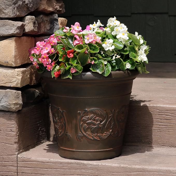 Sunnydaze 16-Inch Arabella Large Plant Pot - Polyresin Insulated Round Outdoor Planter with Drillable Drainage Holes - 4 Pack - Rust