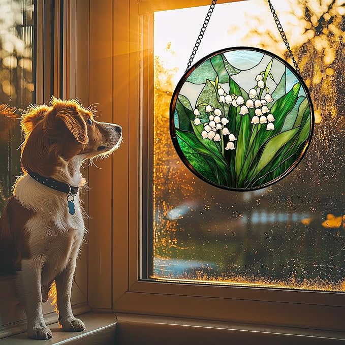 JOSUMALY Stained Glass Window Hanging - White Green Lily of The Valley Suncatcher for Doors Garden Terrace Plant Sun Catchers Decor Mother's Day Birthday Flowers Gifts for Women Men Mom 9.8 in