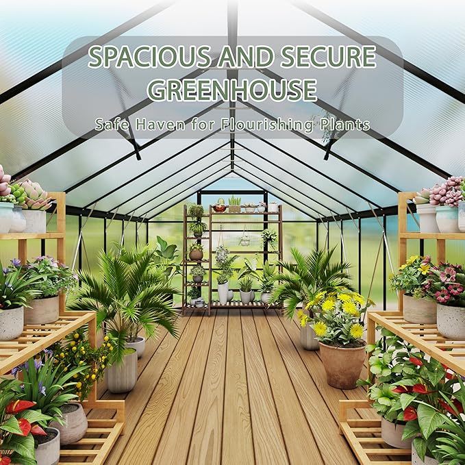 8 x 12 FT Outdoor Greenhouse, Heavy-Duty Polycarbonate Greenhouse with Aluminum Frame, Lockable Door, Adjustable Roof Vent, Walk-in Green House for Backyard, Garden, Patio