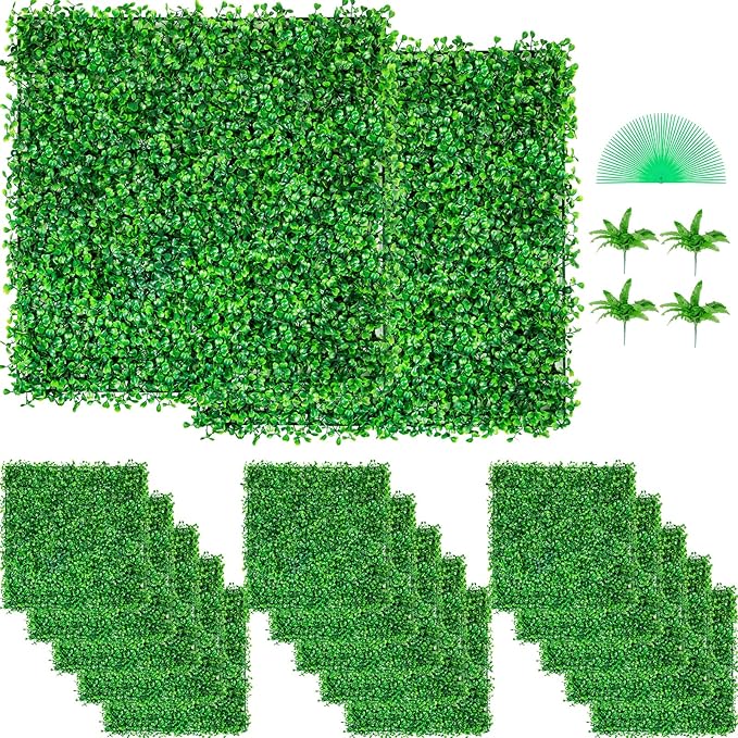 VEVOR Artificial Boxwood Panels 48pcs, 10 x 10 in Boxwood Hedge Wall Panel Artificial Grass Backdrop, 1.6 in Green Fake Grass Wall for Privacy Fence Decor Indoor Outdoor Garden Backyard