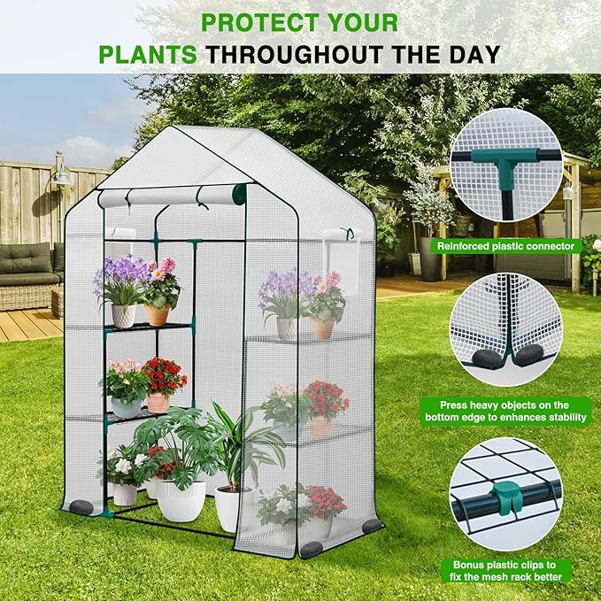 Yesker Greenhouse 57"x29"x77" Walk in Green House - Large Outdoor/Indoor Greenhouses with 4 Shelves Waterproof PE Cover & Windows, Portable Greenhouse Kit for Winter Backyard Gardening Patio, White