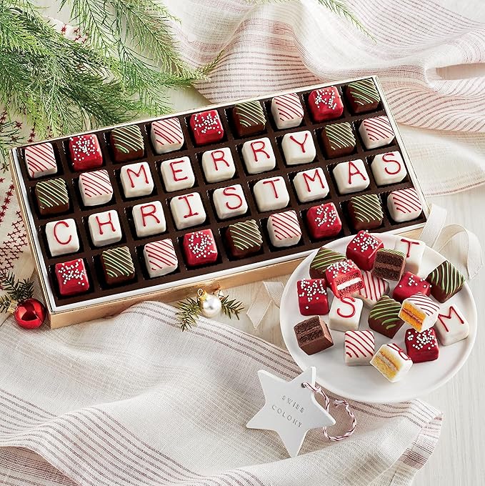 5 Holiday Gift Boxes - The Swiss Colony Merry Christmas Petits Fours 5-Gift Bundle Gourmet Mini Layer Cakes in Red Velvet, Strawberry, Chocolate, and Vanilla