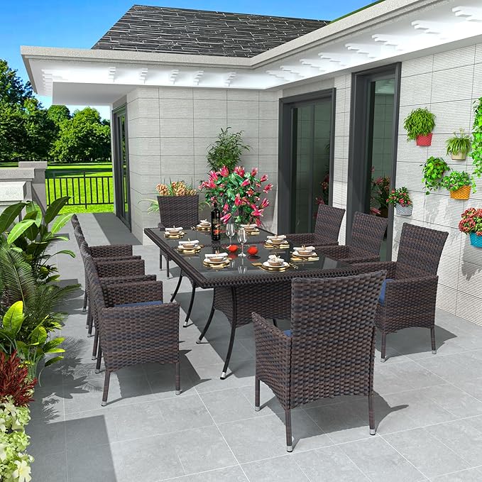 10 Piece Outdoor Dining Set,Rattan Patio Conversation Set of 8 Chairs,Patio Dining Table and Chairs w/Cushions,Square Glass Tabletop,Umbrella Cutout for Patio,NavyBlue