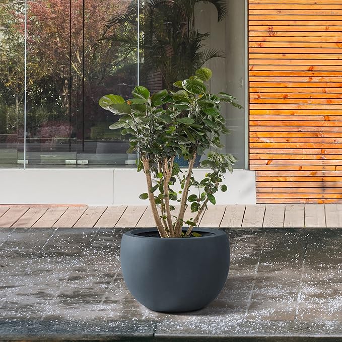 Kante 11.8" Dia Round Concrete Planter, Outdoor/Indoor Large Bowl Plant Pots with Drainage Hole and Rubber Plug for Garden Patio Balcony Home, Charcoal