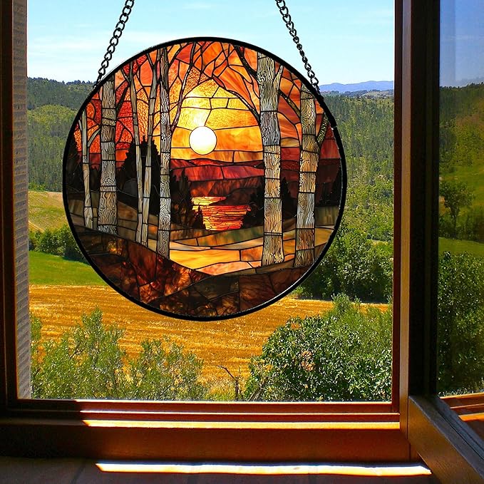 Stained Glass Window Hanging, Orange Red Landscape Forest Lake Moon Suncatcher for Doors Window Home Sun Catchers Decor Mother's Day Birthday Gifts for Women Men Mom 9.8 in