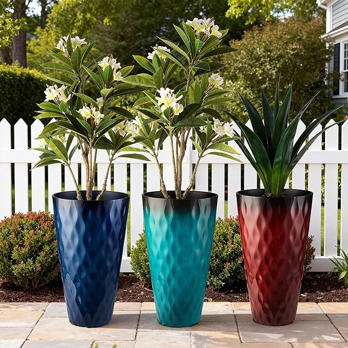 Glitzhome 23.75" H Tall Planter, Set of 2 Wavy Texture Cobalt Blue Large Tall Outdoor Planters, with Drainage Hole, Plastic Large Round Decorative Flower Plant Pot for Indoor, Front Porch