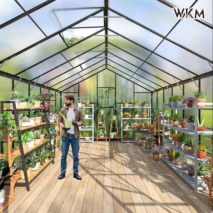 WKM 10x16 FT Greenhouse for Outdoors, Walk-in Polycarbonate Greenhouse with Roof Vent and Quick Setup Structure, Heavy Duty Green House for Outside Garden Backyard, Black
