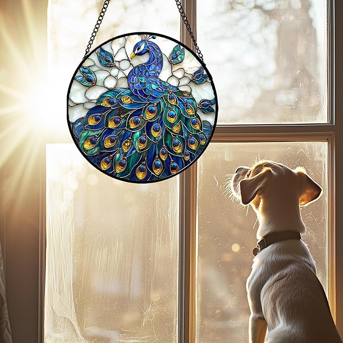 AMDERVEN Stained Glass Window Hanging - Peacock Blue Gold Feathers Sun Catcher for Door Garden Home Decor Bird Suncatcher Christmas Mother's Day Birthday Gifts for Women Men Mom Nana 7.8 in