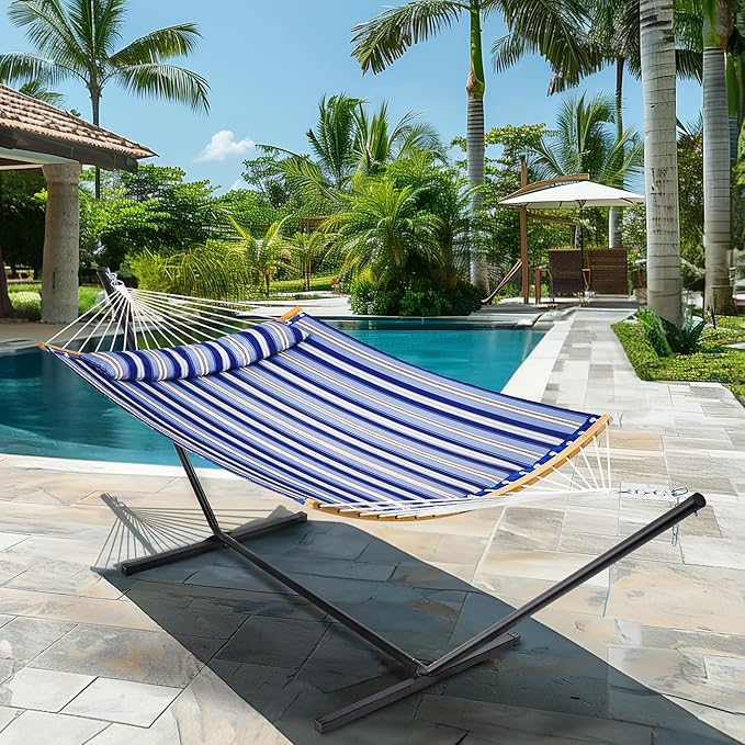 SUPERJARE Hammock with Stand, 2 Person Heavy Duty Hammock with Padded Cotton, Detachable Pillow & Strong Curved-Bar & Portable Carrying Bag, Perfect for Outdoor & Indoor, Navy Blue Stripe