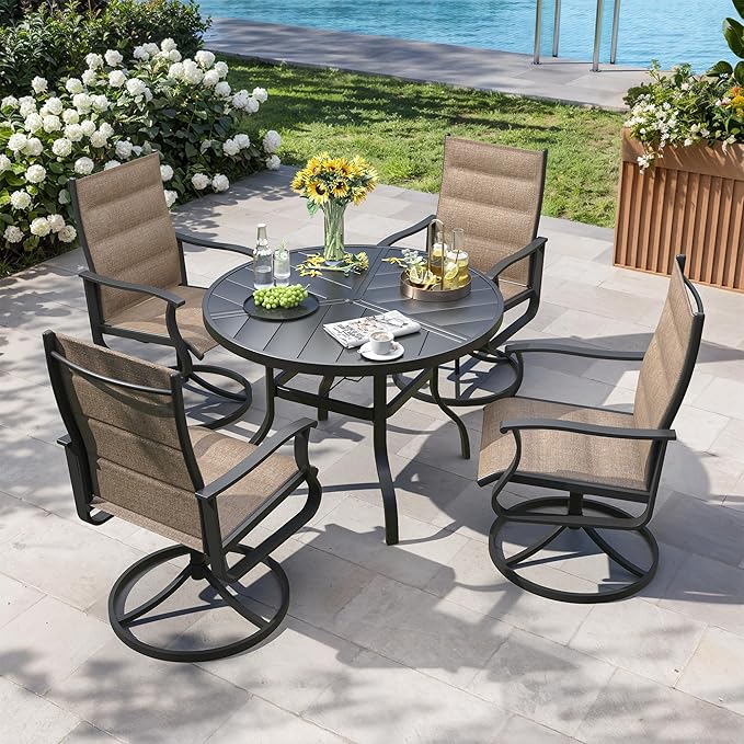 Patio Swivel Chairs Set of 4, Outdoor Dining Chairs with High Back, 360° Swivel Rocker Chair in All-Weather Padded Textilene & Metal Frame for Garden, Porch, Backyard, Balcony(Padded Brown)