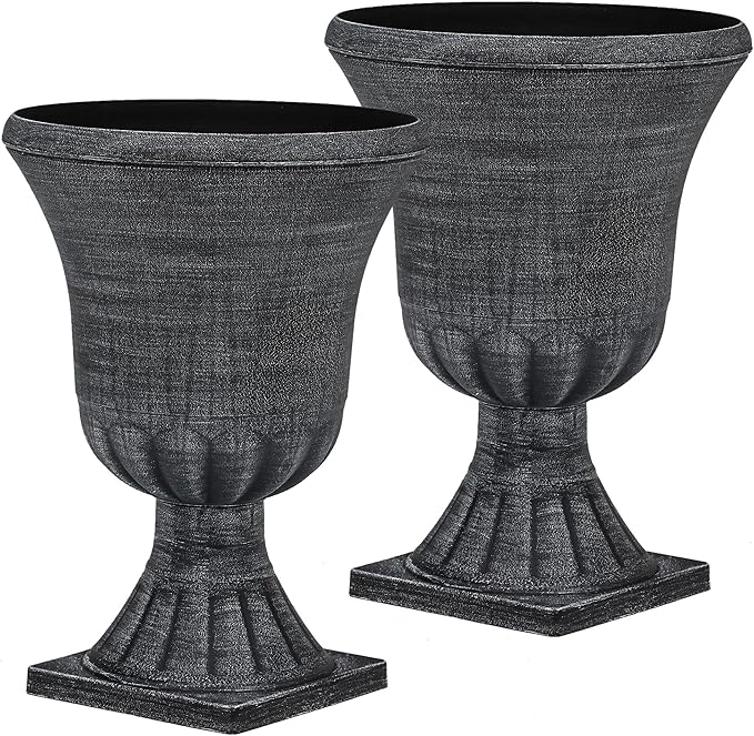 Autodaya 22" Urn Planters Outdoor Planter for Plants Set of 2 Timeless Plastic Large Flower Pot with Drainage Hole Handmade Washed Black Finish Garden Pots for Porch, Patio Christmas Decor