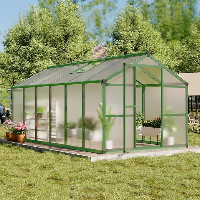 8X12 FT Greenhouse, Polycarbonate Garden Greenhouse for Outdoors,Aluminum Frame Green House with Lockable Door and Adjustable Roof Vent, Ideal for Backyard Patio and Outside Growing
