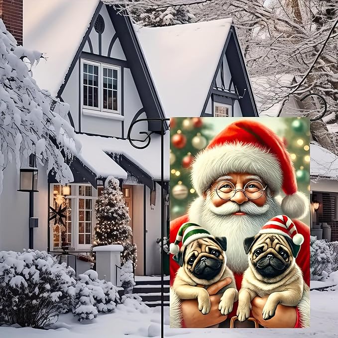 Christmas Garden Flag 12x18 Inches - Double-Sided Santa Claus with Adorable Pugs in Holiday Hats, Weatherproof Outdoor Decoration for Lawn and Garden