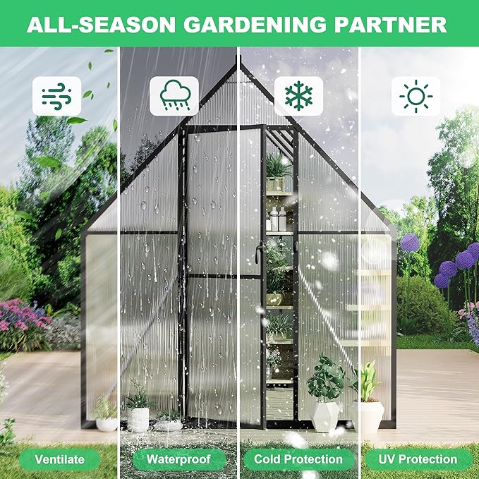 6x11 ft Aluminum Large Walk-in Greenhouses for Outside, Polycarbonate Greenhouse with Aluminum Frame, Greenhouse with Ventilation and Rain Gutter, Polycarbonate Greenhouses for Outdoors