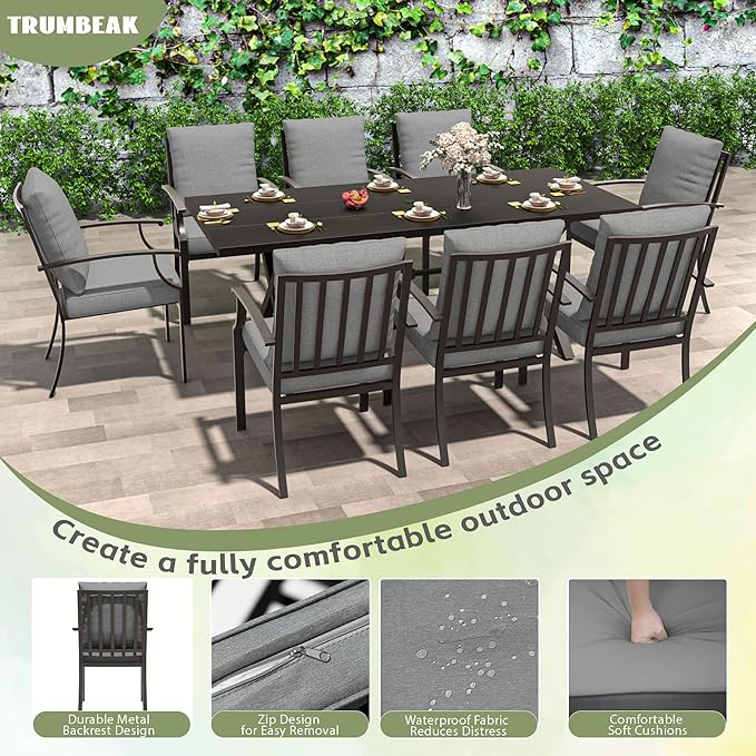 9-Piece Patio Dining Set Outdoor Conversation Set,Metal Outdoor Furniture Set with Umbrella Hole Cut-Out 78.7" x 35.4" Table and 8 Metal Backrest Chairs for Backyard,Garden,Grey