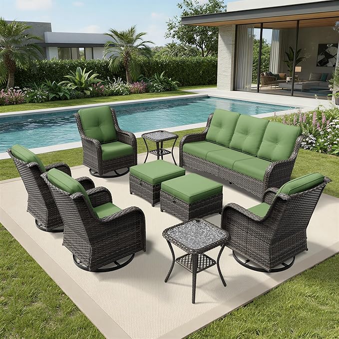 Joyside 9 Piece Wicker Patio Furniture Set, Outdoor Swivel Rocker Patio Chairs with High Back, Deep Seating, Wide Armrest, Thickened Cushions, Outdoor Furniture for Deck, Porch Use