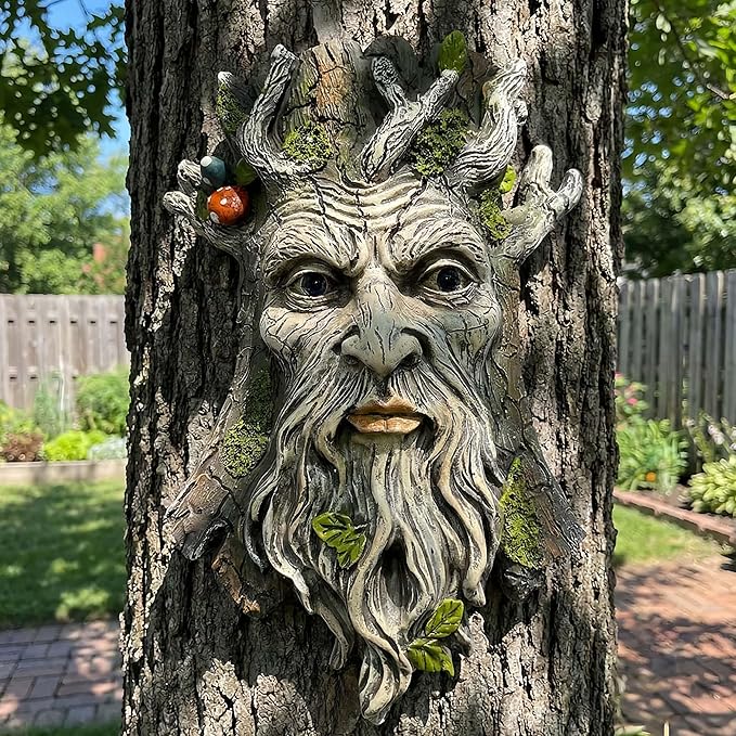 10" Whimsical Tree Face Sculpture, Garden Peeker Statue, Outdoor Trunk Tree Huggers Art, Landscape Accent Ornament, Hanging Fairy Elve Figurine for Yard Art, Trees Decor Wall Mounted Statues