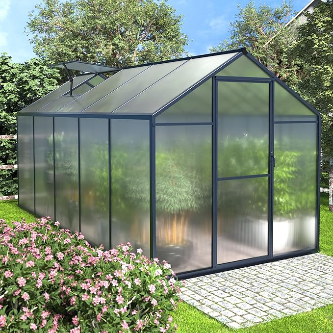 6' x10' Polycarbonate Aluminum Greenhouse Kit for Outdoor, Walk-in Greenhouse with Lockable Door and Adjustable Roof Vent, Backyard Garden in Winter, Gray