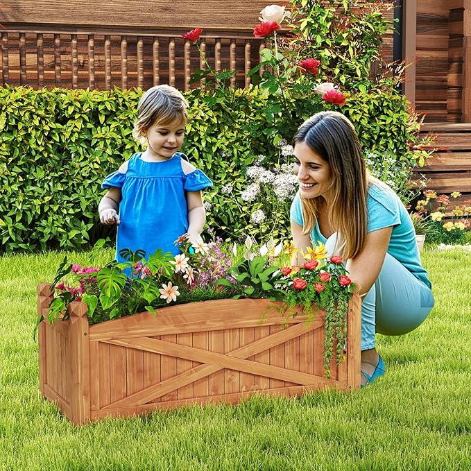 HAPPYGRILL Wooden Raised Garden Bed, Solid Wood Gardening Plant Container w/Drainage Holes for Flower Vegetable Fruit, Outdoor Elevated Planter Box for Patio Garden Yard Balcony (36”x 16”x 15”)