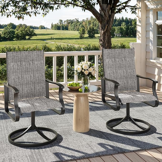 Patio Swivel Chairs Set of 2, Outdoor Dining Chairs with High Back, 360° Swivel Rocker Chair in All-Weather Padded Textilene & Metal Frame for Garden, Porch, Backyard, Balcony(Padded Grey)