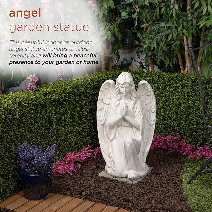 Alpine Corporation 27" Tall Indoor/Outdoor Kneel Praying Angel Statue, Tabletop Garden Decor, White