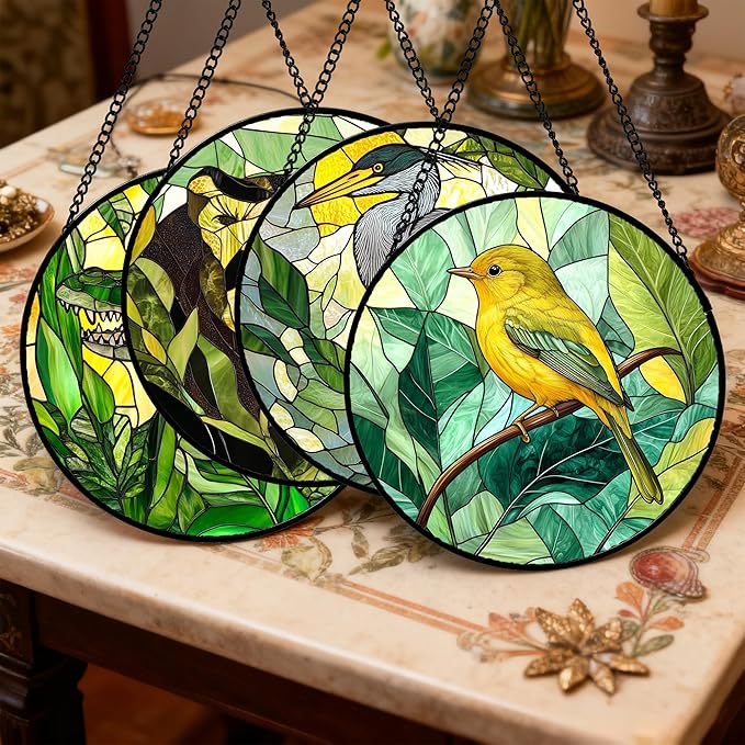 DASTOLL Stained Glass Window Hanging 4 Pcs Set Green Plants Animals Theme Large 11.8" - Bird Tiger Suncatcher Door Garden Sun Catcher Decor Birthday for Mom Woman Nana Men Friend