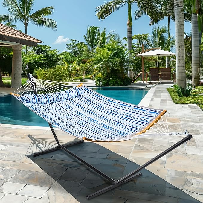 SUPERJARE Hammock with Stand, 2 Person Heavy Duty Hammock Frame, Detachable Pillow & Strong Curved-Bar & Portable Carrying Bag, Perfect for Outdoor & Indoor - Graffiti Blue